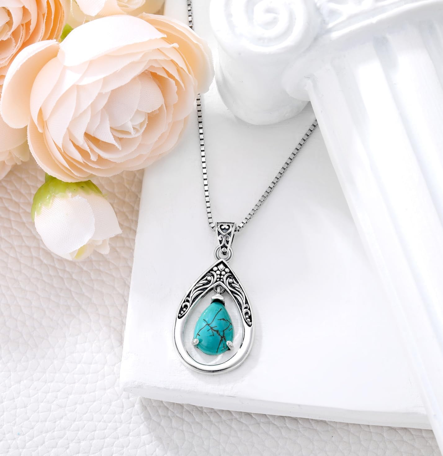 Genuine Turquoise Teardrop Pendant Necklace, Sterling Silver Vintage Native American Jewelry Birthdays Gift for Women - Image 7