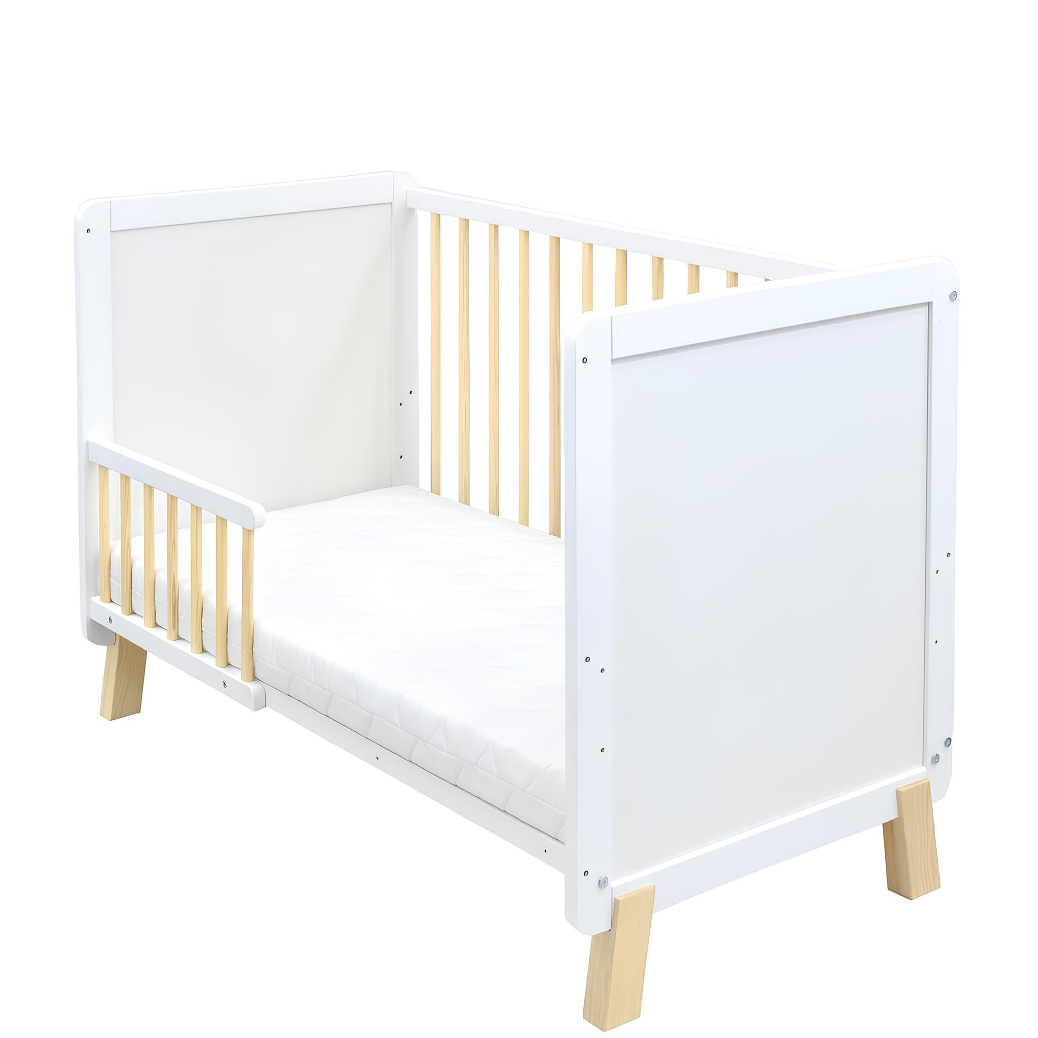 Generisch Baby Delux Babybett 60x120 Kinderbett umbaubar zum Juniorbett weiß höhenverstellbar mit Schlupfsprossen (Lou weiß Kiefer)