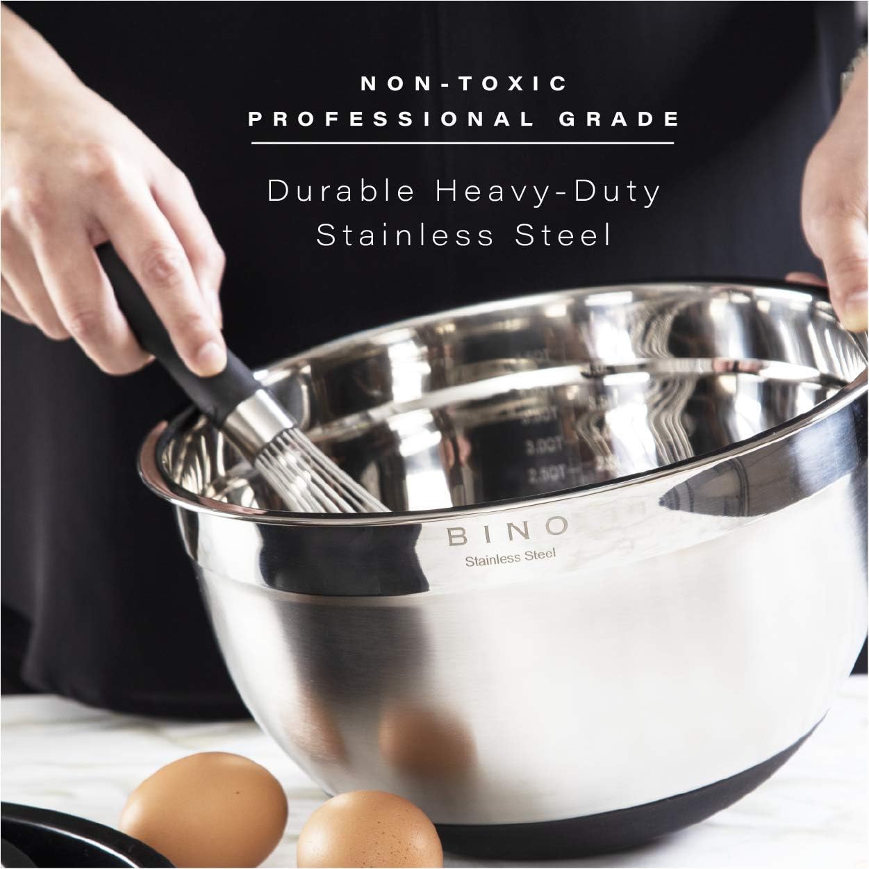 BINO 3-Piece Stainless Steel Mixing Bowl Set with Lids, Black - Stainless Steel Mixing Bowls with Lids Set Mixing Bowls for Kitchen Stainless Steel Bowls with Lids Metal Mixing Bowls Kitchen Bowls: Kitchen & Dining