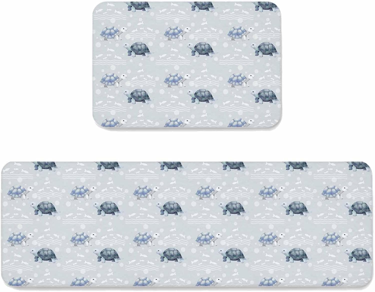Prime Leader Sea Turtles Kitchen Mat Set 2 Pieces Nautical Coastal Green Turtle Fish Grey Blue Non Slip Kitchen Rugs Washable Runner Rug Mats for Sink Laundry (23.6" x 35.4"+23.6" x 70.9")