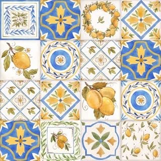adrium Póster de 90 x 90 cm Watercolor Vector Ornament Square Summer Pattern with Sicily Yellow Lemons