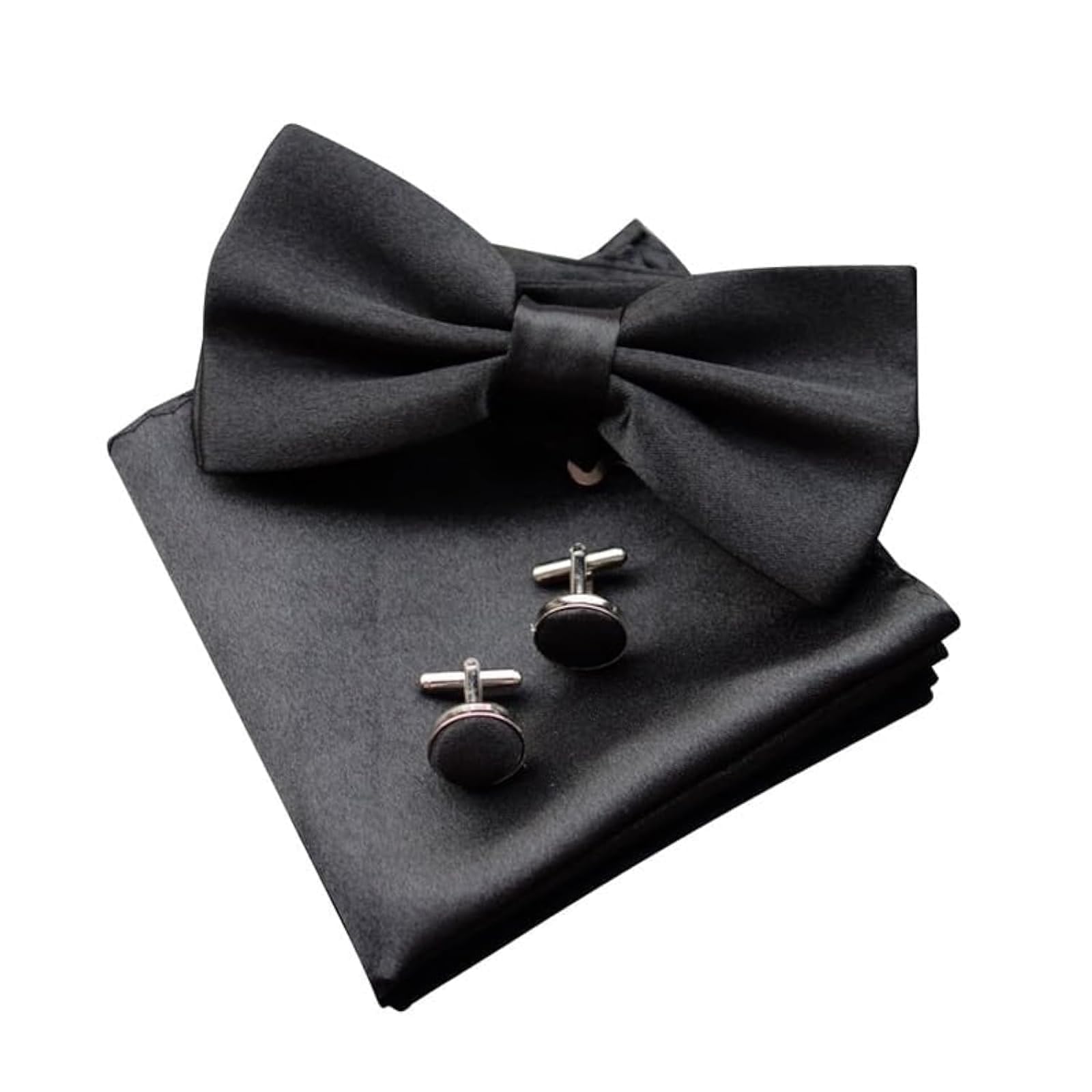 Men's Pre-tied Bowties Velvet Solid Color Adjustable Bow Tie and Pocket Square with Cufflinks for Wedding Party (Color : Black)