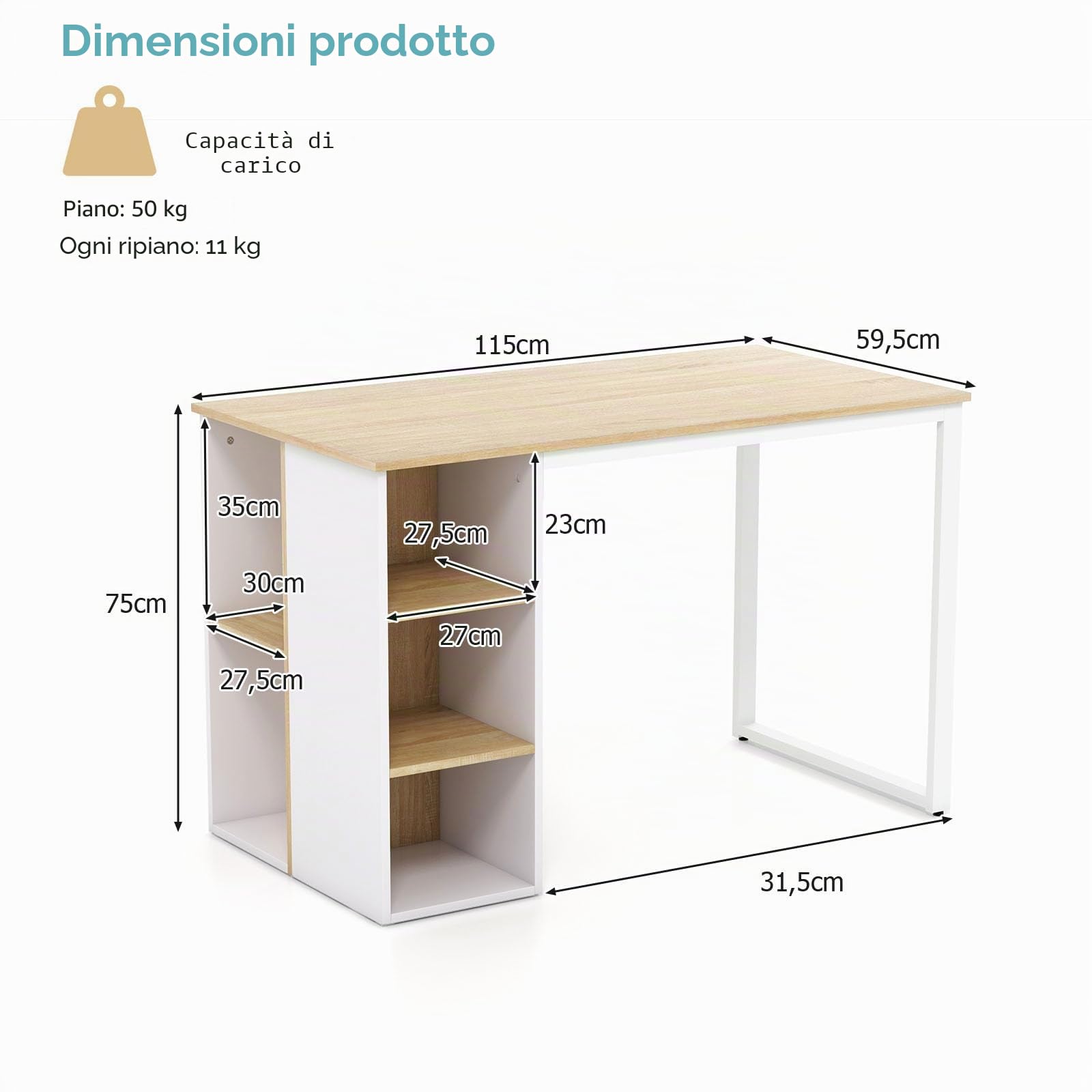 LIFEZEAL Scrivania Salvaspazio, Bianco, Scrivania Ufficio Porta Computer, PC, con 5 Scomparti Aperti, Postazione di Studio, Tavolo di Lavoro, Desk, in Legno, Metallo, Max 115kg, 115x59,5x75cm