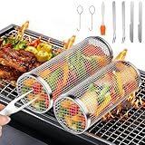 YGVQN Rollender Grillkorb 2er Set, Edelstahl 304 BBQ-Korb mit Halterung & Reinigungsbürste, für Gemüse, Pommes, Fisch, Tragbares Grillzubehör für Gasgrill, Holzkohlegrill, Camping, Geschenk für Papa