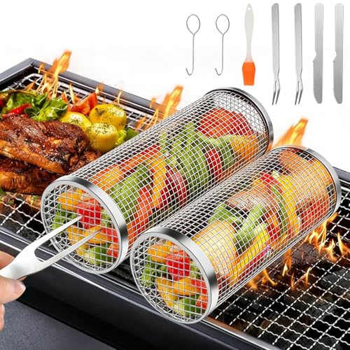 YGVQN Panier à Griller Roulant 2 Pièces, Acier Inoxydable 304 avec Support & Brosse, pour Légumes, Frites, Poisson, Accessoires Grill pour Extérieur...