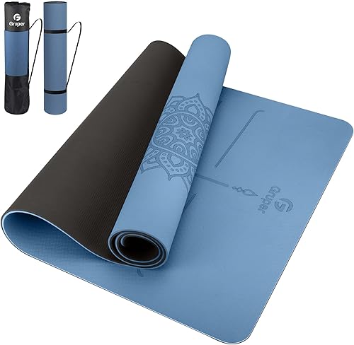 Gruper Yoga Mat Non Slip TPE Extra Wide Yoga Mat with Alignment Mark, 72"L x 32"W x 0.32"/0.24"Th (183cm x 80cm x 8mm/6mm), Anti-Tear Exercise Mat with Carrying Strap and Bag, Workout Mats for Yoga, P