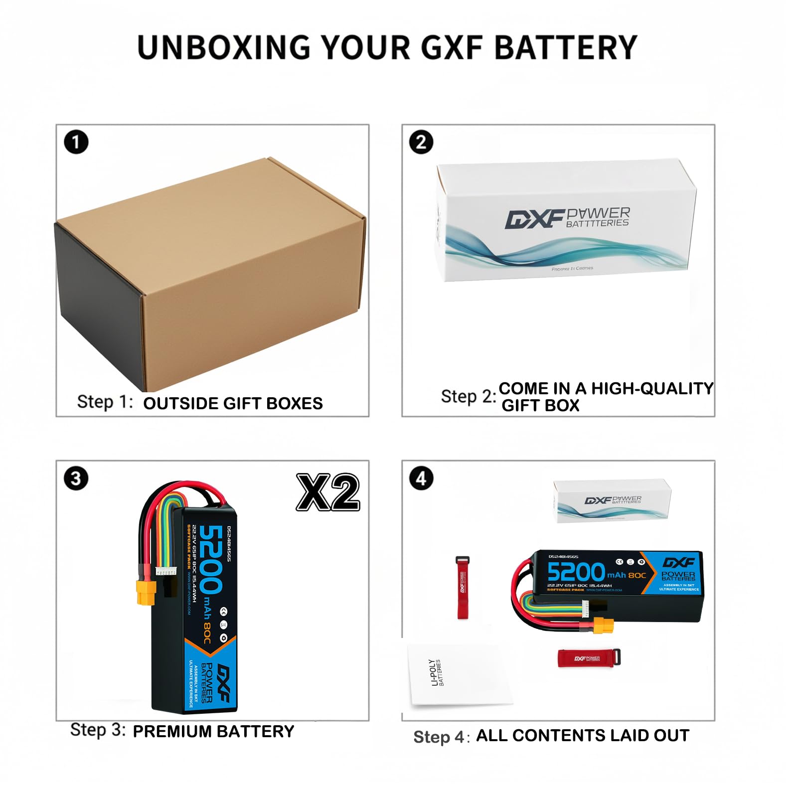 DXF batería LIPO 6S de 22.2V Battery con 5200 mAh y 80 C, 2paquetes con Conector XT60 para Drones, multicópteros, Aviones RC, helicópteros RC, Coche RC, Barco RC- Potencia y duración inigualable