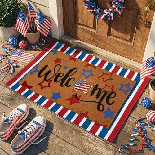 Honoson 2 Pcs Patriotic Doormat Set 4th of July 250th Anniversary Red White Blue Stripe USA Cotton Welcome Rug Non-Slip Independence Day Memorial Day Front Porch Entrance Decor