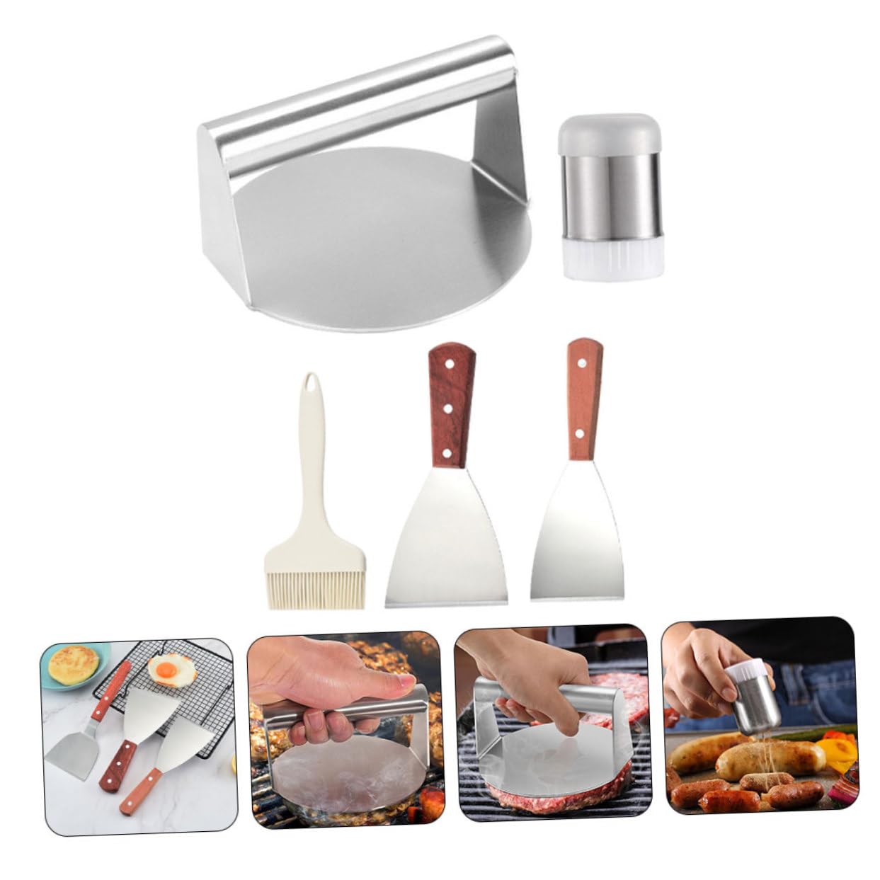 PRETYZOOM Set Accessori Bbq 5 Pezzi in Acciaio Inossidabile Pressa per Hamburger, Spatola, Pennello, Bottiglia di Condimento e Griglia per Carne Esterno