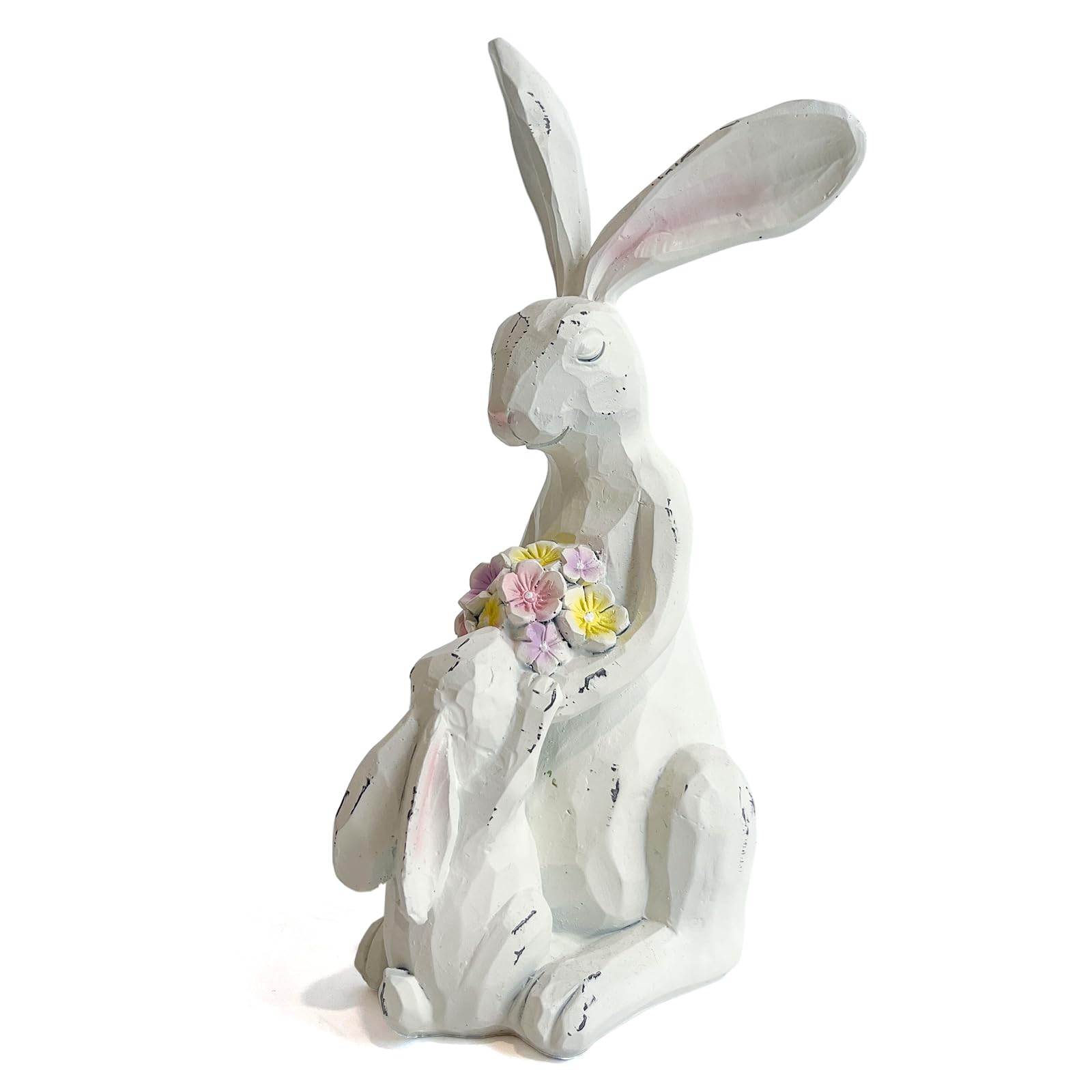 LIFFY Easter Bunnies Statue Home Decor - Charming Hand Painted Resin Rabbit Figurines with Flower, Pretty Spring Home Decor & Gift