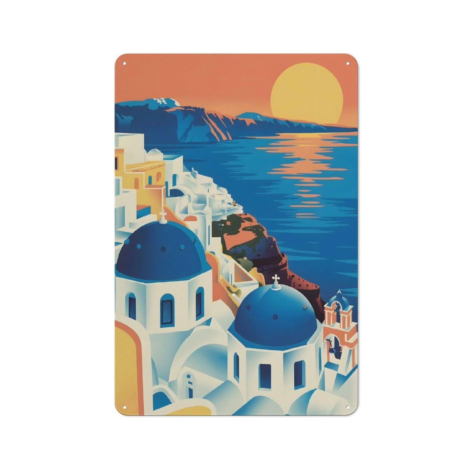 Junmoney Style-15 Santorini Greece Illustration(2) Vintage Metal Sign 30X20cm, Vintage Bistro Wall Plaque For Coffee Bar, Small Shop Or Dining Room