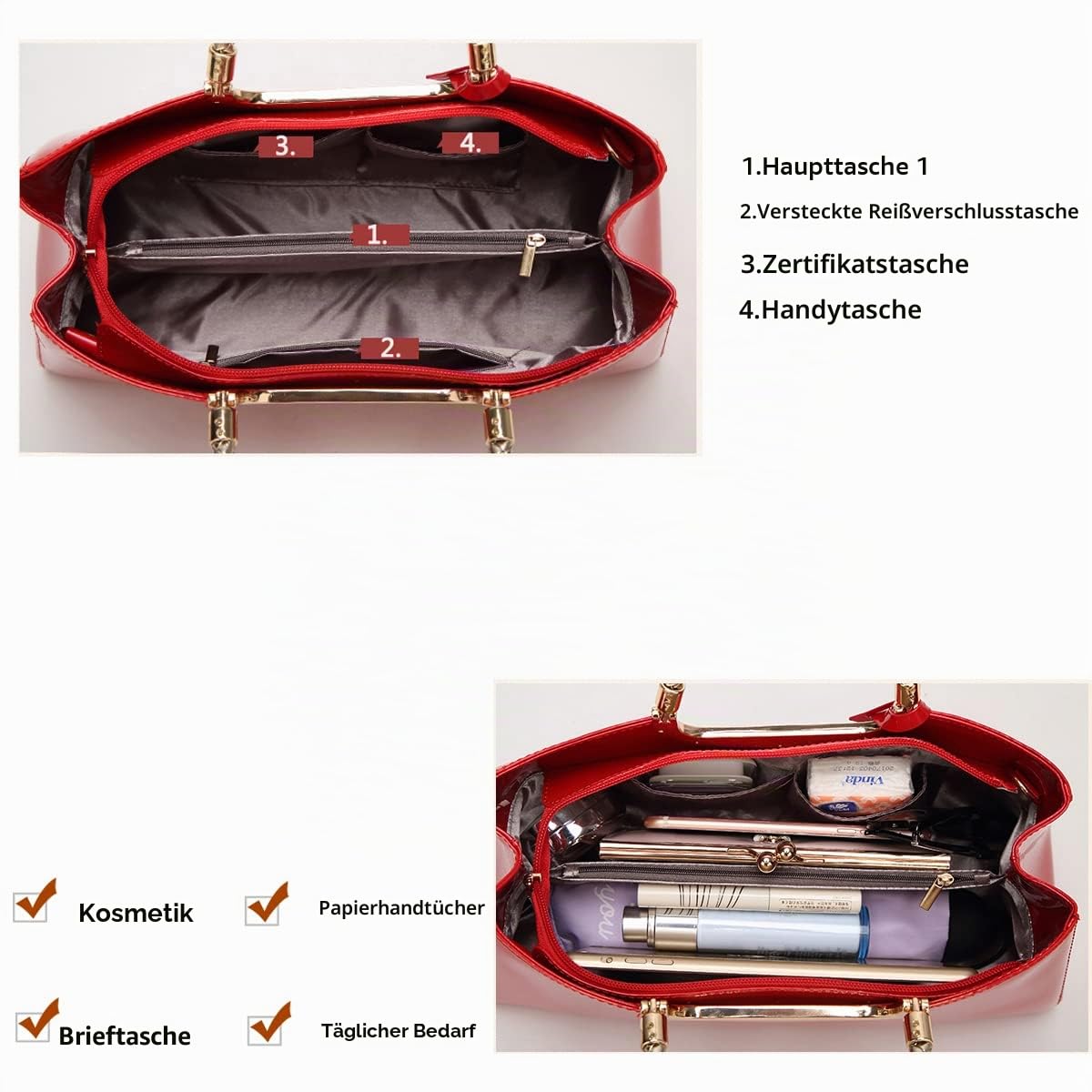 Damen Handtasche Tasche aus PU-Lackleder Henkeltasche Abendtasche Schultertasche Umhängetasche für die Hochzeit EINWEG