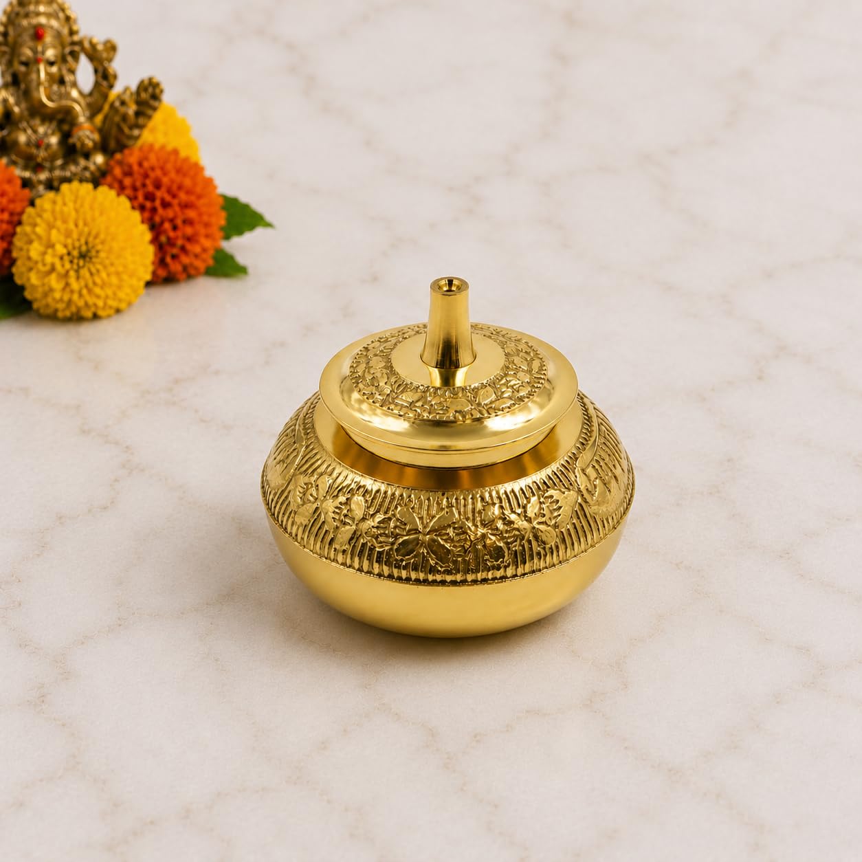 Spillbox Brass Box Pooja | Puja | Roli | Chawal | Chandan | Haldi | Kumkum Puja Box | Sindoor | Turmeric | Dabbi | Dibbi | Dhani | Dani Lid Holder - Kumkum-Pot-image-38