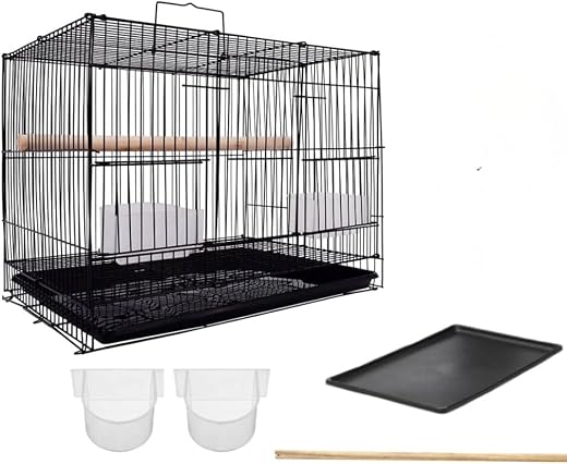Kuku 15" Bird Cage for Budgies, Finches, Love Birds, Cocktails, Conures, 2 Cups, 1 Perch Stick L : 15", B : 11", H:12 (Bla...