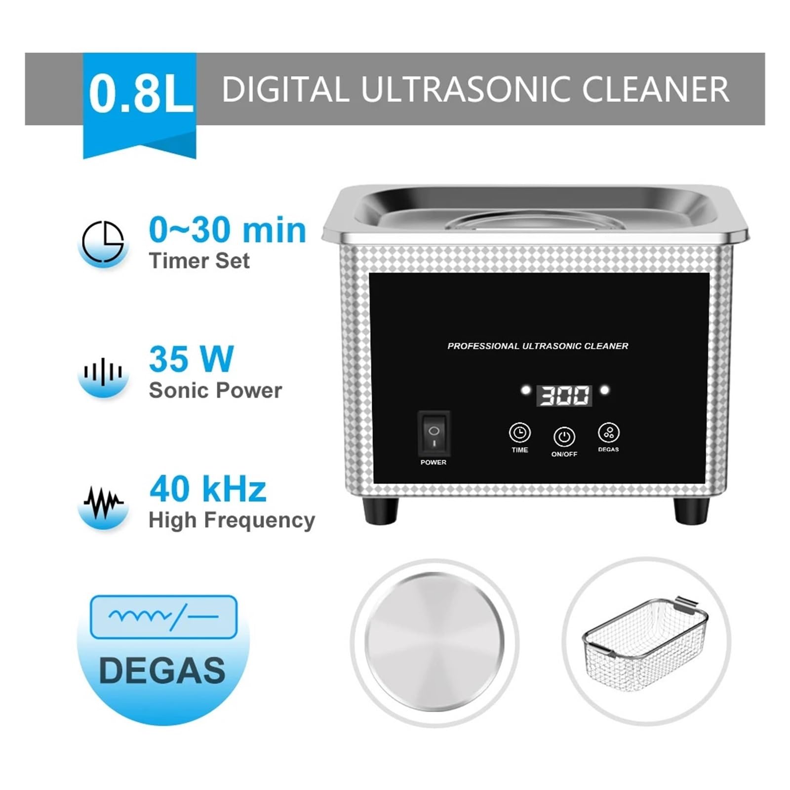 MáQuina Limpiadora UltrasóNica Máquina De Limpieza por Ultrasonidos De 0,8 L con Temporizador, Cepillo For Joyas, Gafas, Relojes, Herramientas For Manicura, Monedas, Anillos Y Uñas(35W)