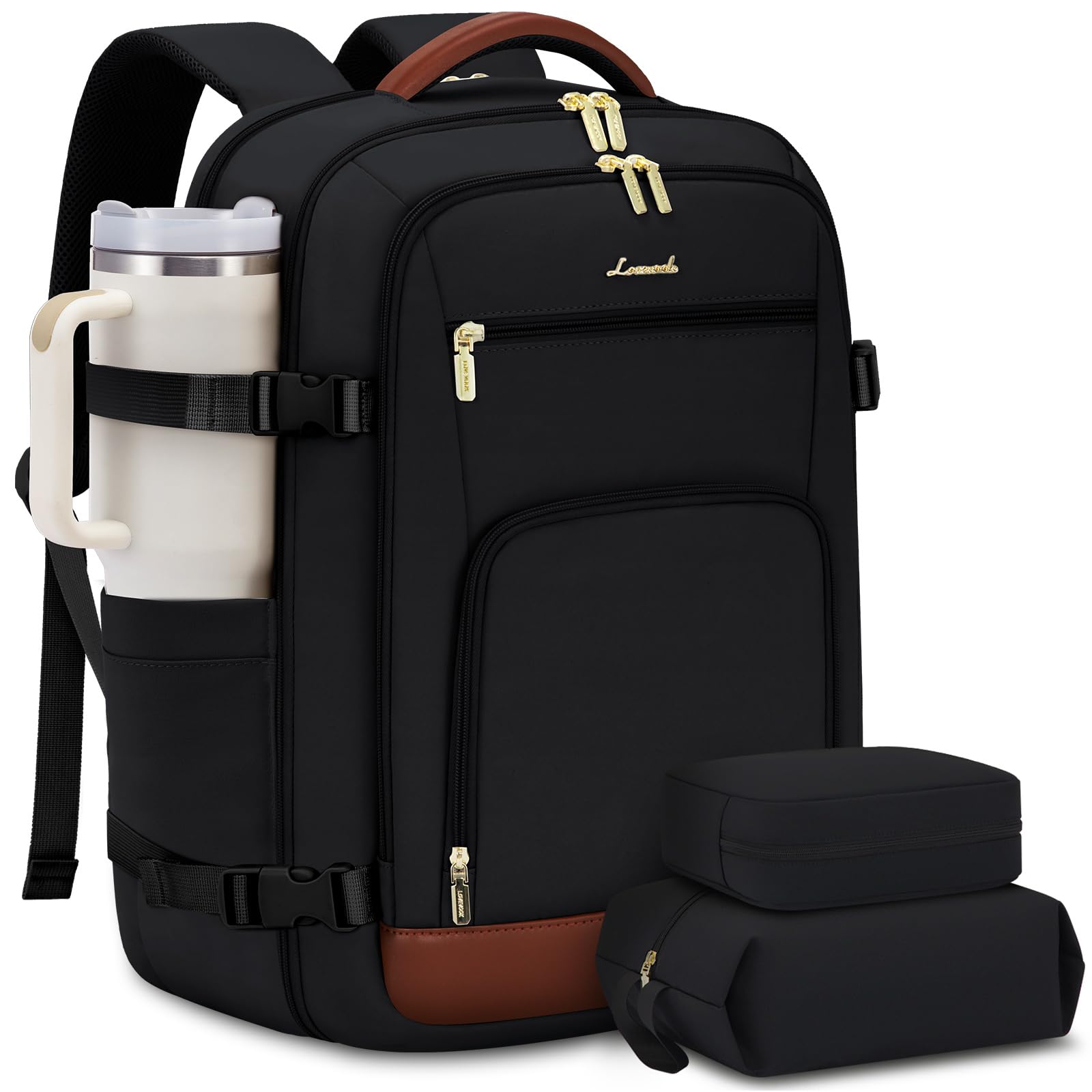 LOVEVOOK Carry On Travel Backpack For Women Men Flight Approved, 40L Personal Item Backpack for Airplanes, Business Weekender Overnight Daypack Fits 17 Inch Laptop, With 2 Packing Cubes, Black-Brown
