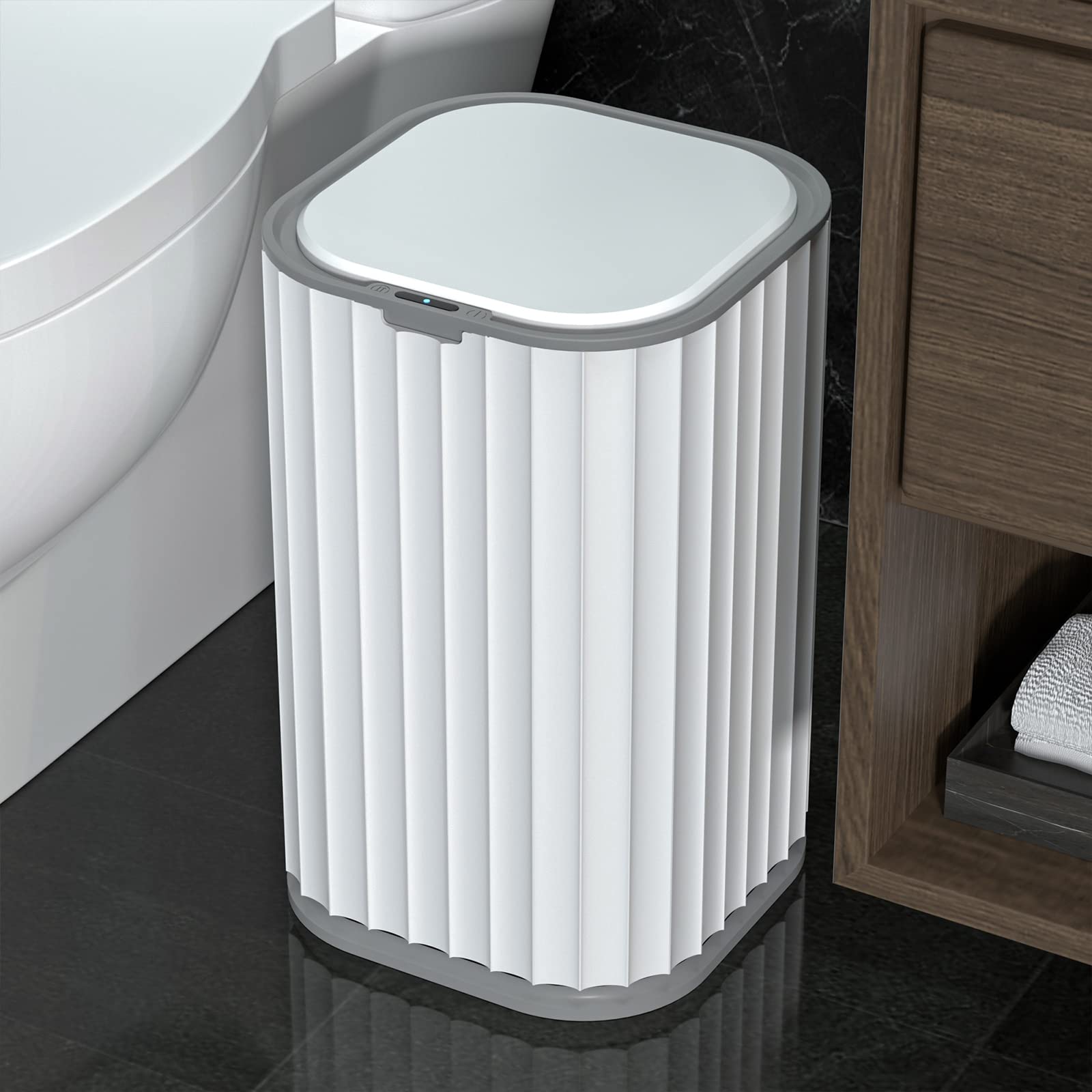 MOPALL 3.5 Gallon Touchless Bathroom Trash Can, 13.5 litre Automatic Trash Can with Lids,Small Waterproof Motion Sensor Trash Can for Bathroom,Kitchen,Bedroom（White with Grey Trim）