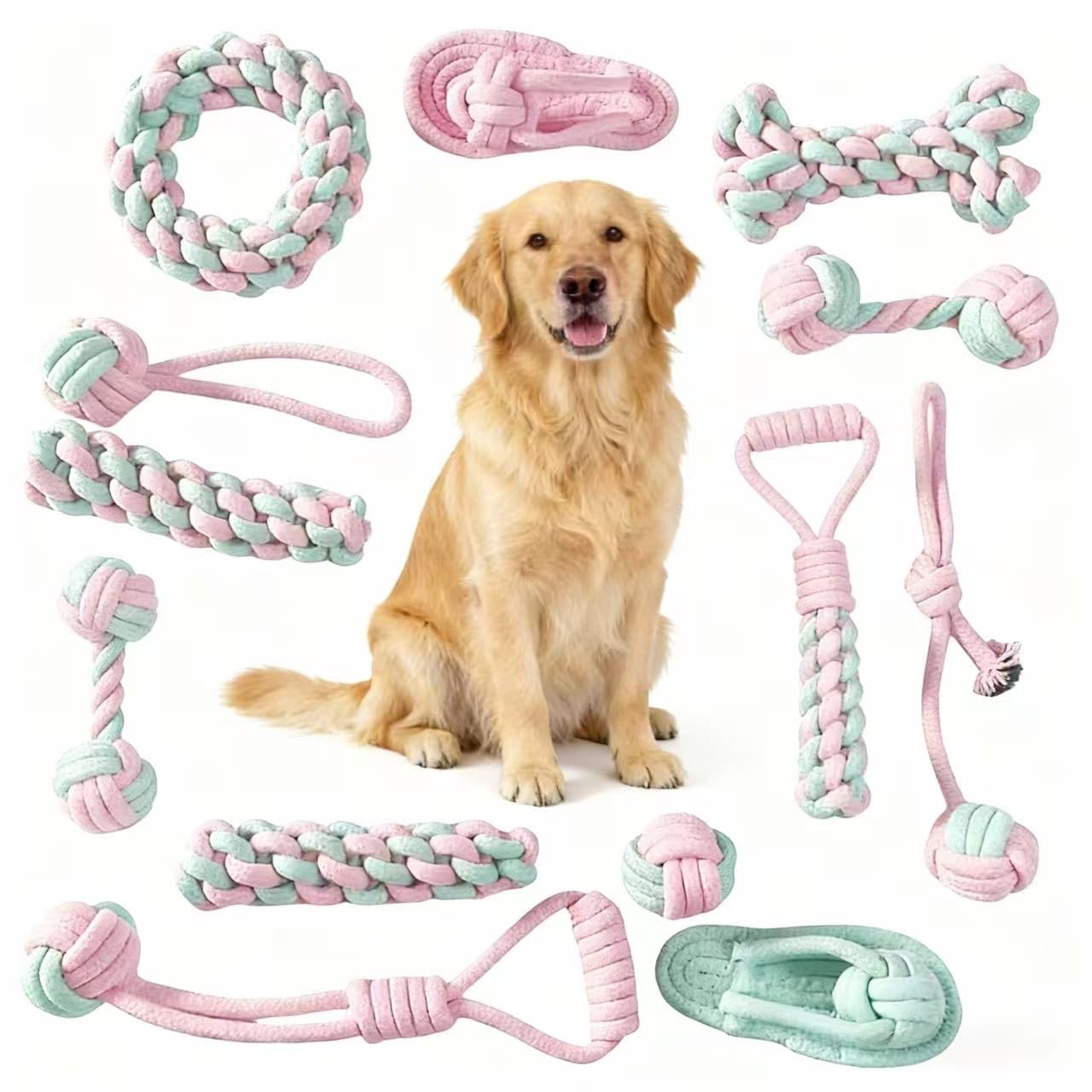 Hundespielzeug aus Seil für große Hunde, langlebiges Kauspielzeug für aggressive Kauer, rosa und grün, 33 cm, großes Hundespielzeug zum Kauen, Zerren und Zahnreinigung, 12 Stück