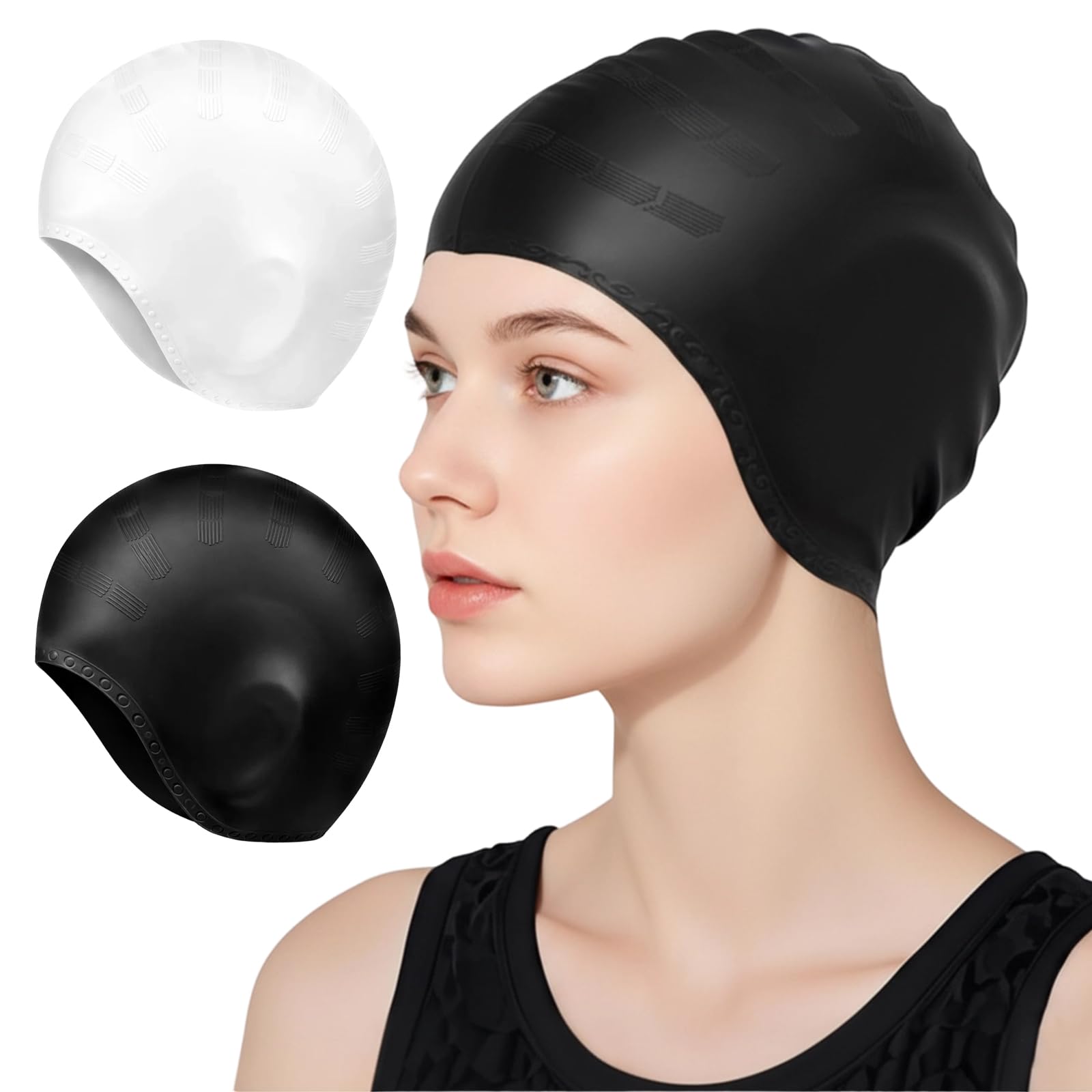 2 Pack Durable Non-Slip Swimming Hat With 3D Ear Protection,Silicone Swim Hat, Fits Long & Short Hair,Swim Caps For Women/Men Keep Hair Dry(Black & White)
