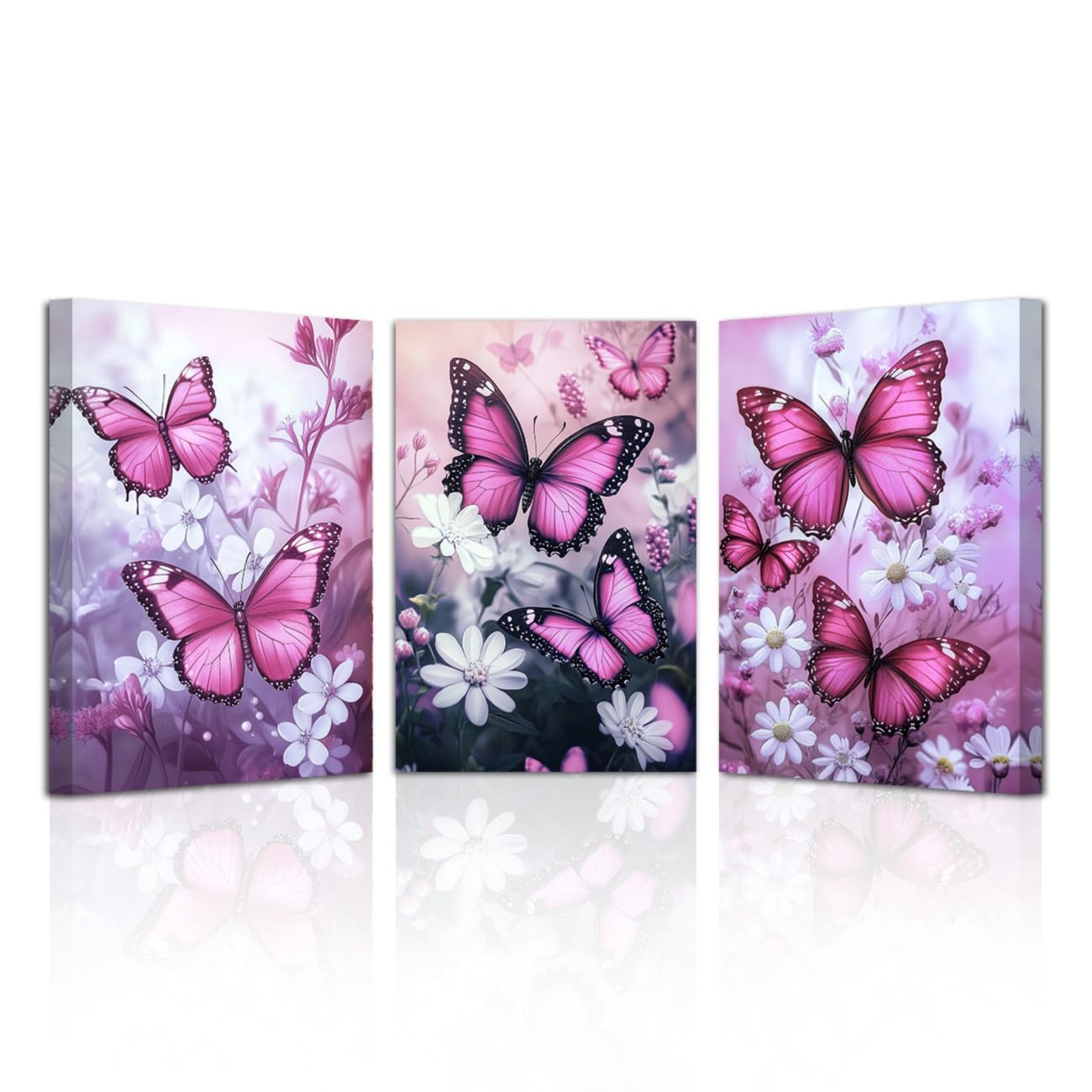LZIMU Butterfly Canvas Wall Art 3 Pieces Butterflies with Flower Pictures Prints Framed Butterfly Wall Decor for Fantasy Girls Room (Pink, 20x28inchx3 Pieces)