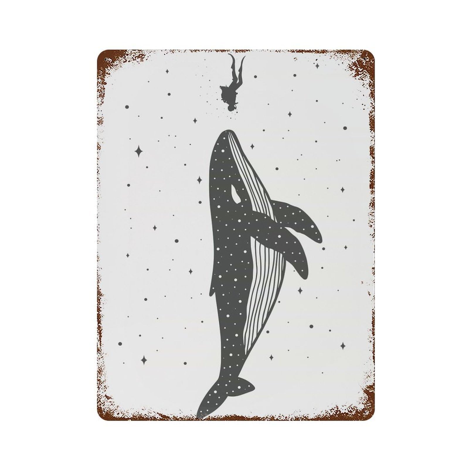 Rust Effect Space Whale Aged Metal Wall Plaque 15.7"x11.8", Farmhouse Wall Decor for Office, Studio And Wall Decor