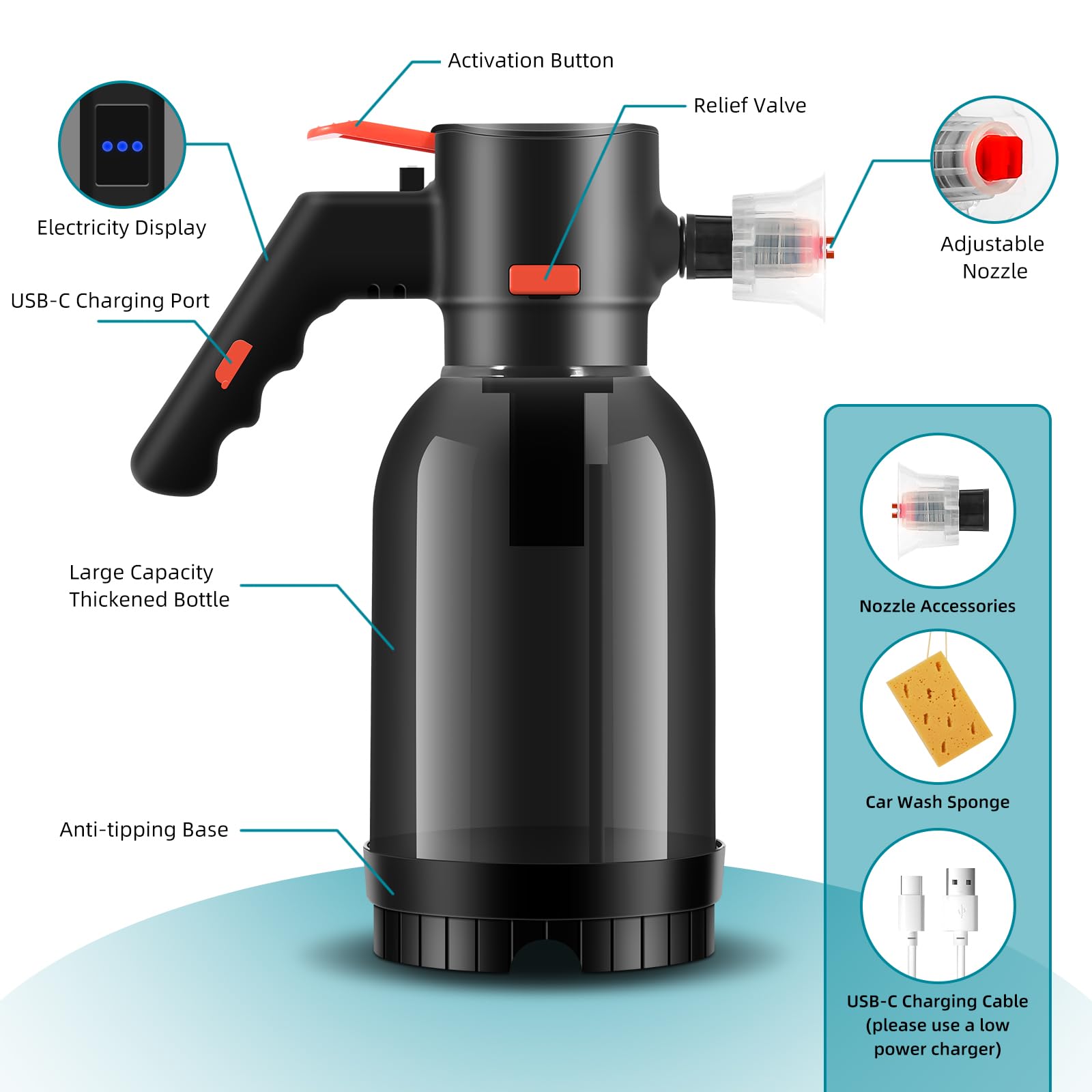 Pulvérisateur Électrique de Mousse 2L, Uten Pulvérisateur à Pression sans Fil Rechargeable pour Lavage Voiture, Jardin & Maison, Génération de Mousse Puissante