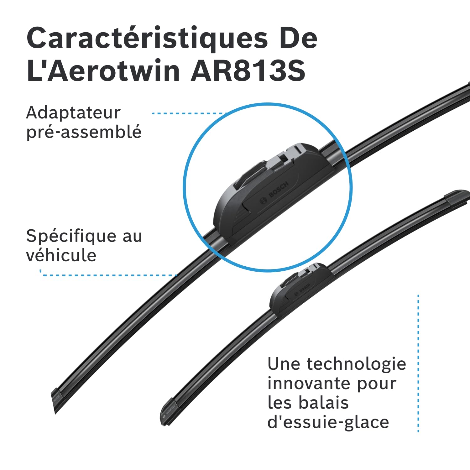 Bosch Aerotwin AR 813 S - Balai d'essuie-glace de Remplacement Avant - Livré avec Adaptateur Pré-Assemblé - Vendu à l'Unité, 650mm / 450mm