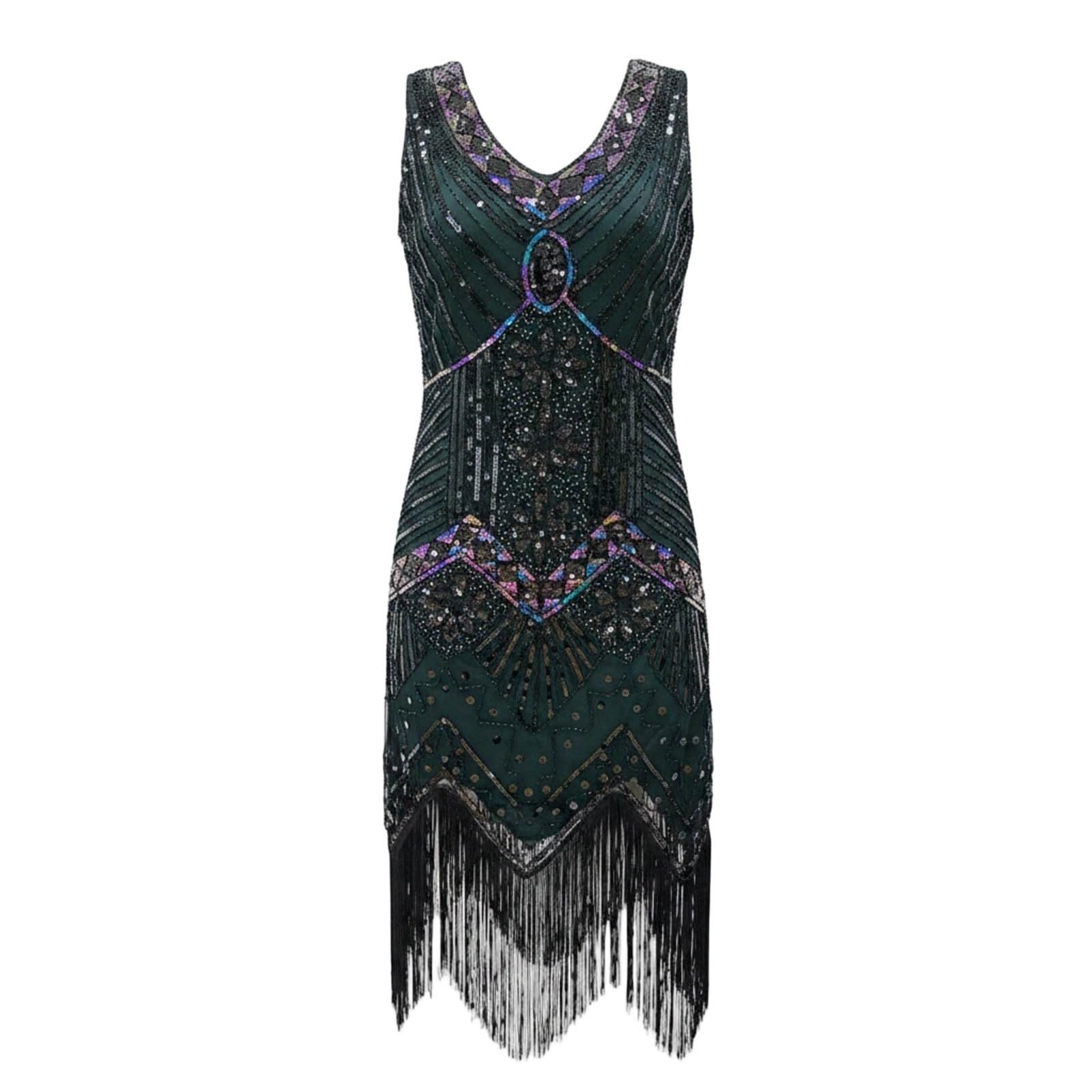 Vestido de mujer de años con flecos, cuello en V, brillante, vestido con lentejuelas, cuello en V, vestido de fantasía, disfraz de Gatsby Charleston de los años 20, vestido de fiesta