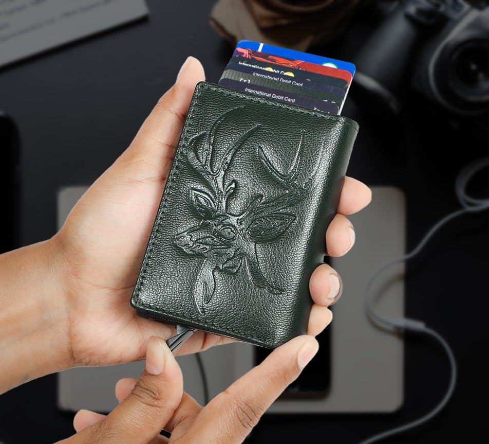 Image of Men's Genuine Leather RFID Wallet | Premium Slim Red Wallet for Men with Deer 3D Print | 8 Card Slots Secure and Durable | Casual Stylish | Formal & Gifting Use, Golden (Green)