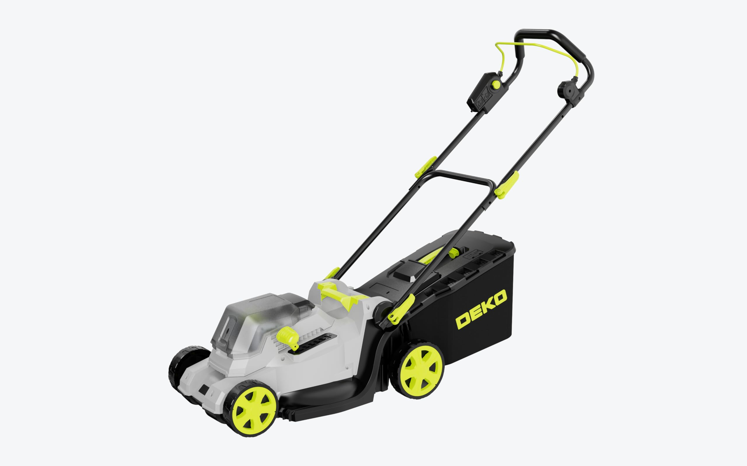 Cortacésped a batería DEKO 20 V, cortacésped eléctrico con 38 cm de Ancho de Corte, Cesta recogedora de 40 l, 6 Niveles de Altura Ajustables, Altura de Corte de 25 a 70 mm