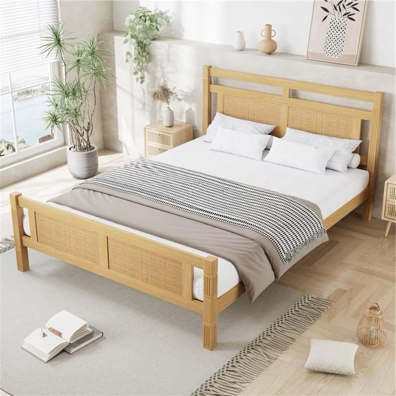 BTM Wooden Double Bed, MDF Double Bed Frame with Rattan Paper