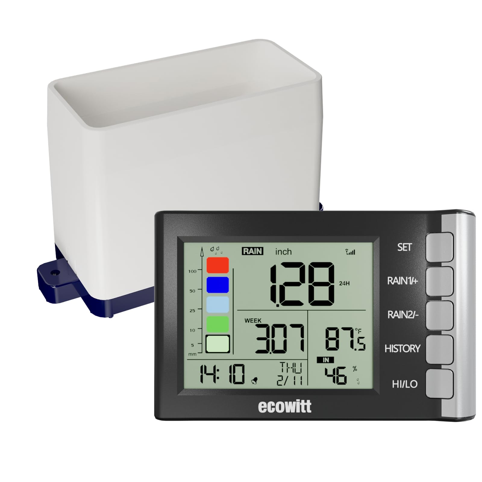 Ecowitt Mini WN20 Sensore pluviometrico + display digitale 3 in 1 ad alta precisione da 3,94 pollici con termometro-igrometro da interno, pluviometro con sistema di svuotamento automatico