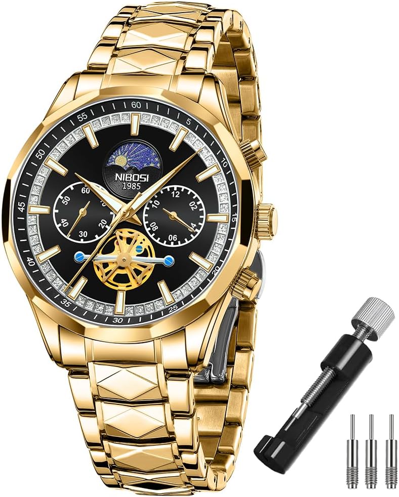 NIBOSI Watches for Men Fashion Stainless Steel Business Casual Luxury Waterproof Luminous Dress Analog Chronograph Luminous Large Big Face Dad Father Gifts Gold Black Wrist Watch