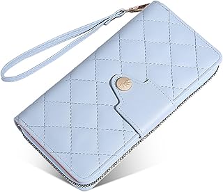 JIAWERUIDE Women Wallet Long PU Leather with Zipper And Button Closure Card Slots Bracelet Coin Pouch (Light blue)
