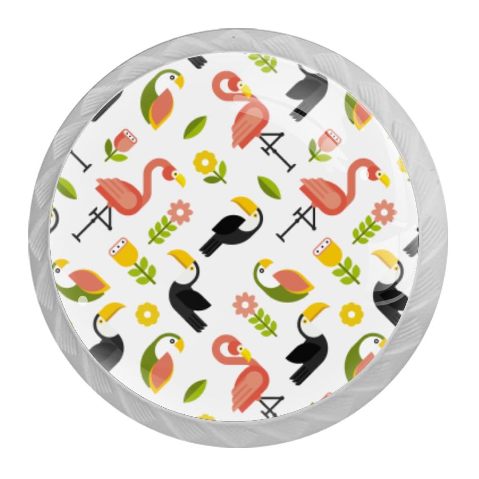 Tqmspg Multi04 4 Pieces Drawer Pulls Flamingo Toucan Flowers Pattern Door Knobs Dresser Handles For Kitchen Wardrobe Cupboard Hardware Furniture