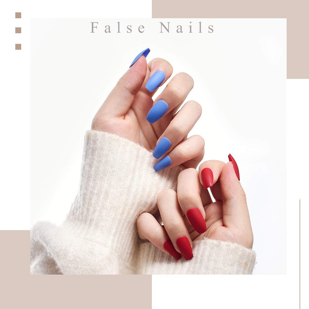 ACiyD Matte Coffin Press on Nails Mittelrote und Blaue Ballerina Kunstnägel Künstliche Kunstnägel mit vollständiger Abdeckung für Frauen und Mädchen (24 Stück)