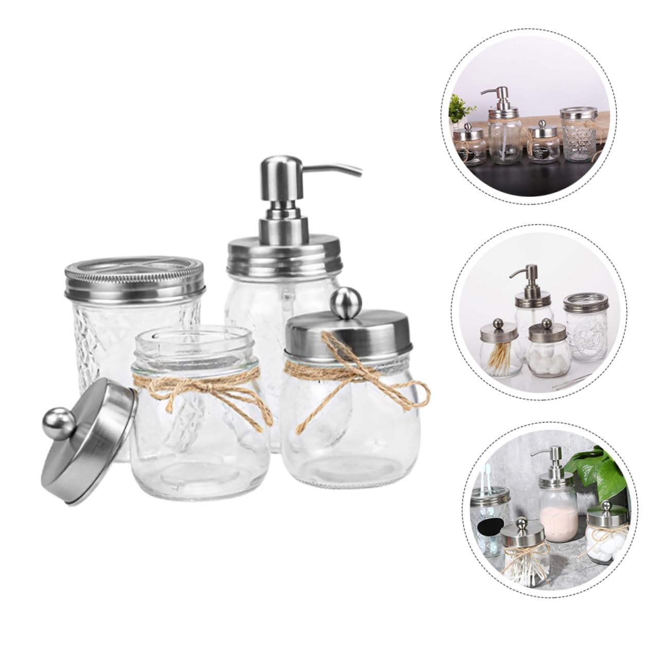 Cabilock Juego De Accesorios Baño Vidrio Vaso para Cepillo De Dientes y Vaso para Hacer Gárgaras, Tapa Plateada, 4 Piezas, Material Duradero, Práctico para Uso Doméstico y Limpieza Diaria
