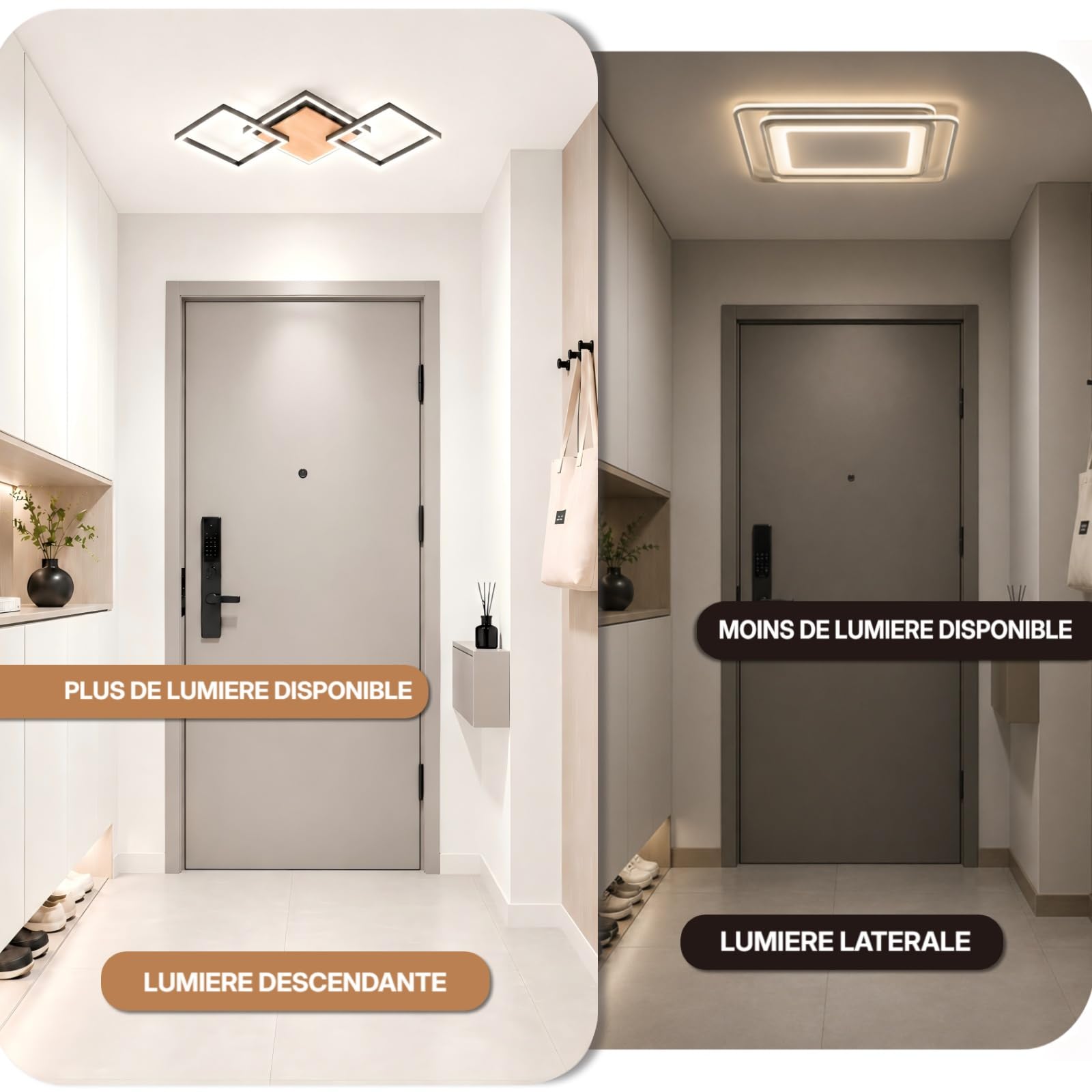 Plafonnier LED 62cm, 24W Moderne de Luminaires Intérieur, 4000K Blanc Naturel Luminaire Carré Pour Plafond, Design En Plastique Noir et Blanc et Finition Bois, Pour Cuisine, Chambre, Couloir