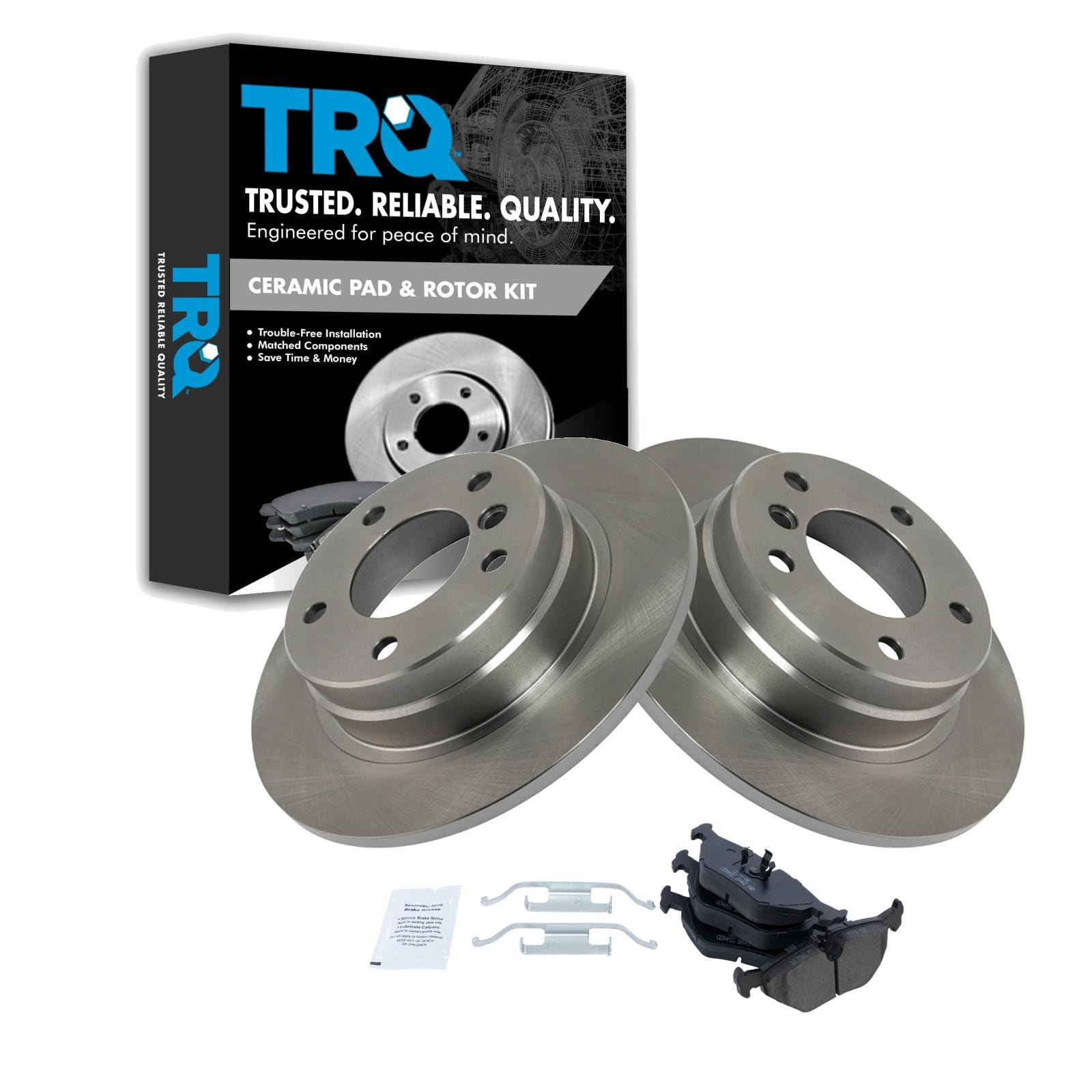 TRQ Rear Ceramic Brake Pad and Rotor Set Compatible with 96-97 BMW 328i with 280mm Diameter Rear Rotors 94-95 325i 92-95 325is 92 325i Sedan 92-96 318is 93 325i Sedan with 5 Lug Wheels