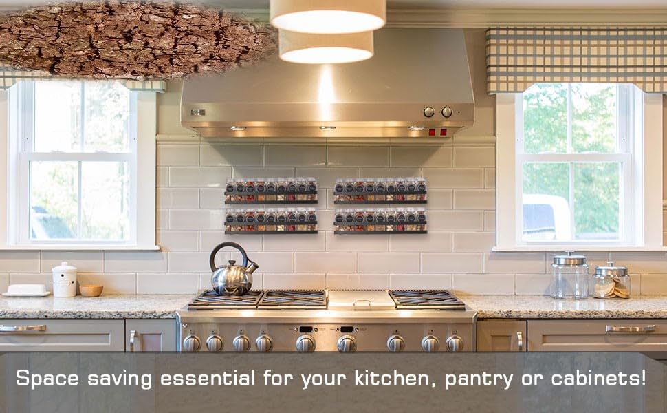 Image of Wall Mounted Spice Rack Organizer Hanging Spice Seasoning Rack bathroom Shelf Holder with 5 utensils hanging hooks Organizer Storage for Kitchen Cabinet (set of 4)
