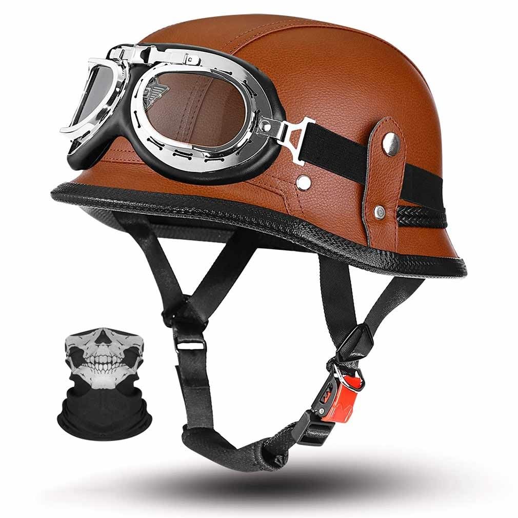 Casco moto semi-jet estilo alemán vintage con gafas y máscara de piel PU talla M a 2XL