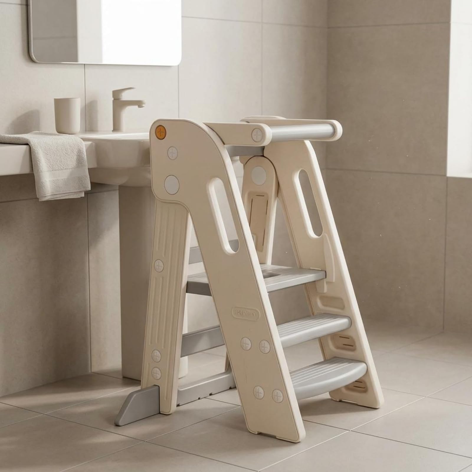 Milageto Taburete Plegable Infantil Escalón Torre de Aprendizaje Banco Elevador con de HDPE Antideslizante Adecuado para Baño Fregadero y Cocina en Casa, Gris Elegante