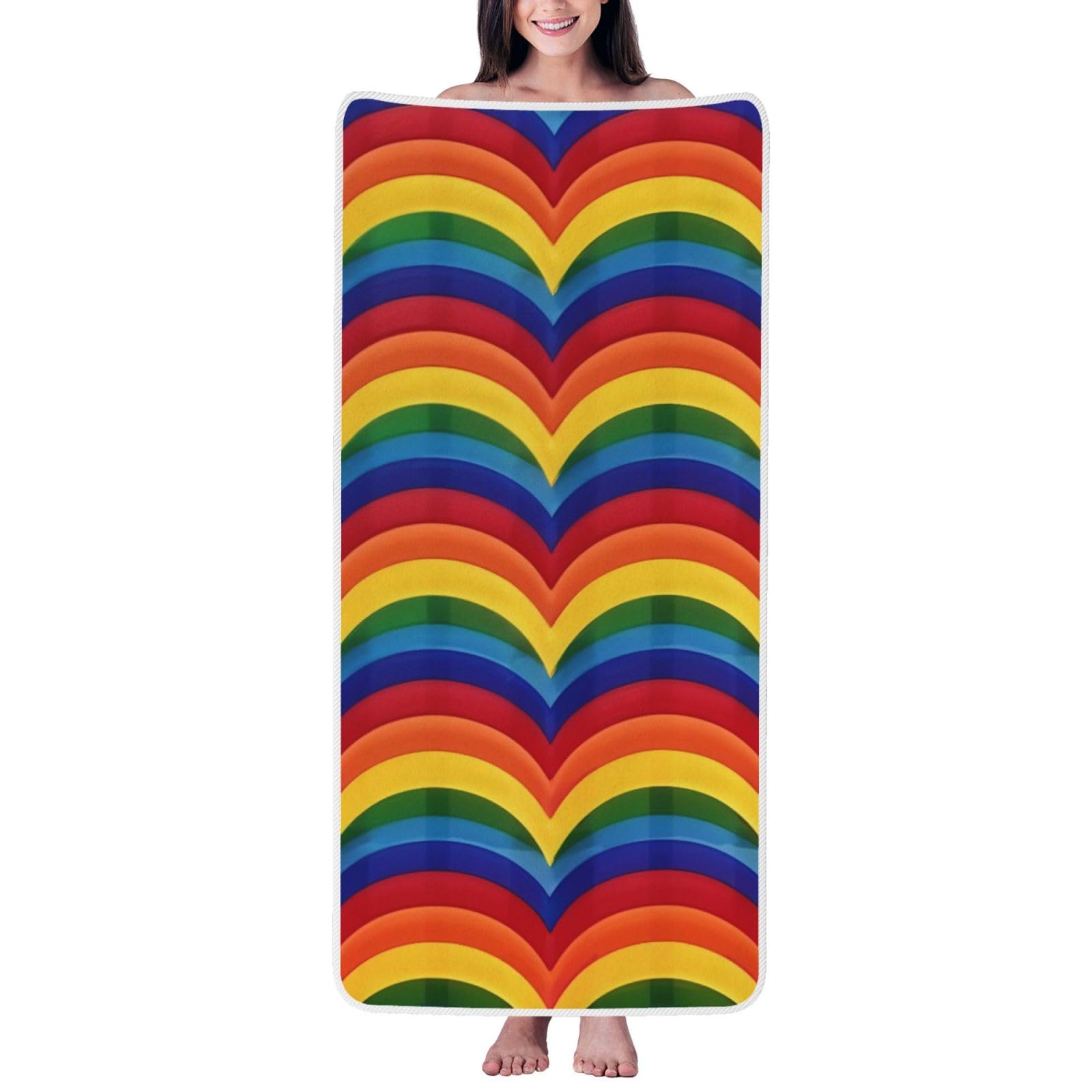 WPKJU Rainbow Pattern Printed Bath Towel with White Edging - 27x55 in Soft Extra Absorbent Coral Velvet Shower Towels for Bathroom