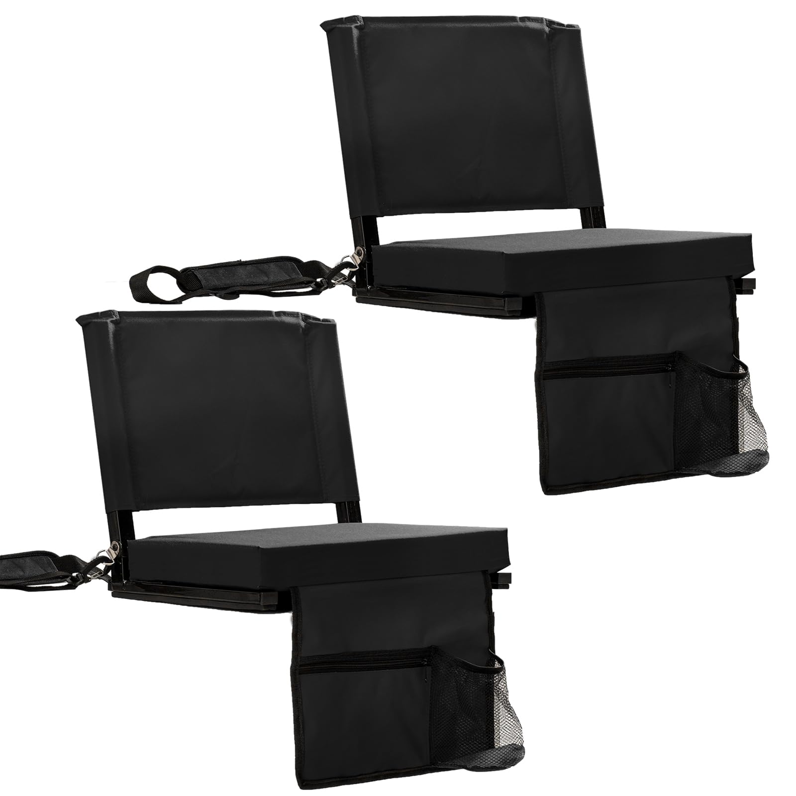 Photo 1 of Stadium Seats with Back Support for Bleachers, Folding Bleacher Seat Bleacher Chairs with Back and Cushion, Padded Stadium Chair with Shoulder Strap, 3 Large Mesh Pocket & Carry Handle, Black, 2pcs