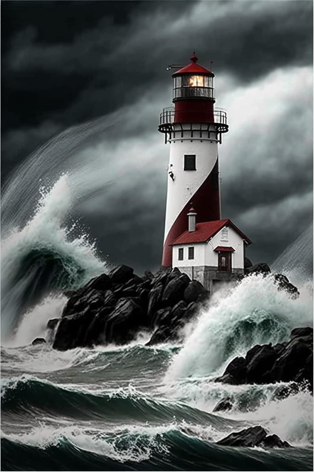 Diamond Art Lighthouse Storm Scene, 5D DIY Diamond Painting Kit, Full Drill Crystal Rhinestone Embroidery, 16 X 20 Inch Wall Decor