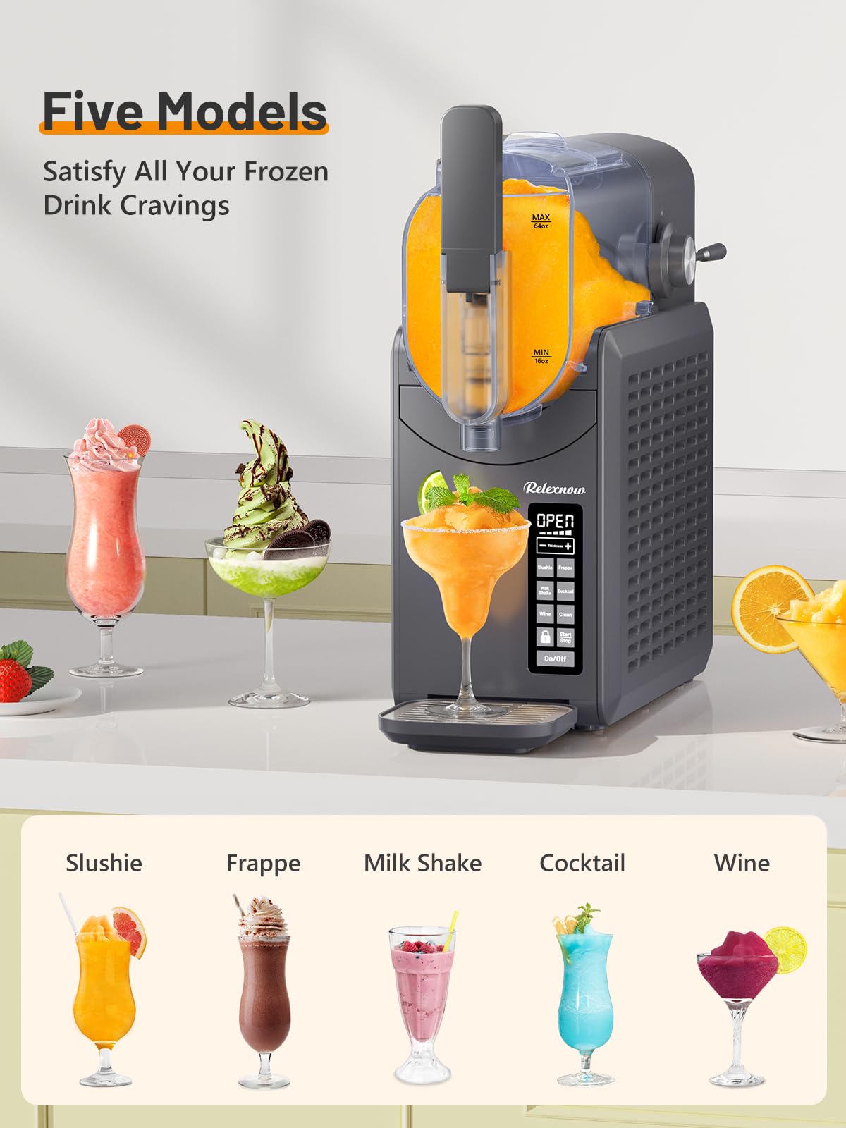 RELEXNOW Slushie Machine No Ice Needed, 88 oz Slushy Machine for Home, Professional 6 in 1 Frozen Drink Maker with Self-Cleaning for Margaritas, Frappés, Milkshake and More