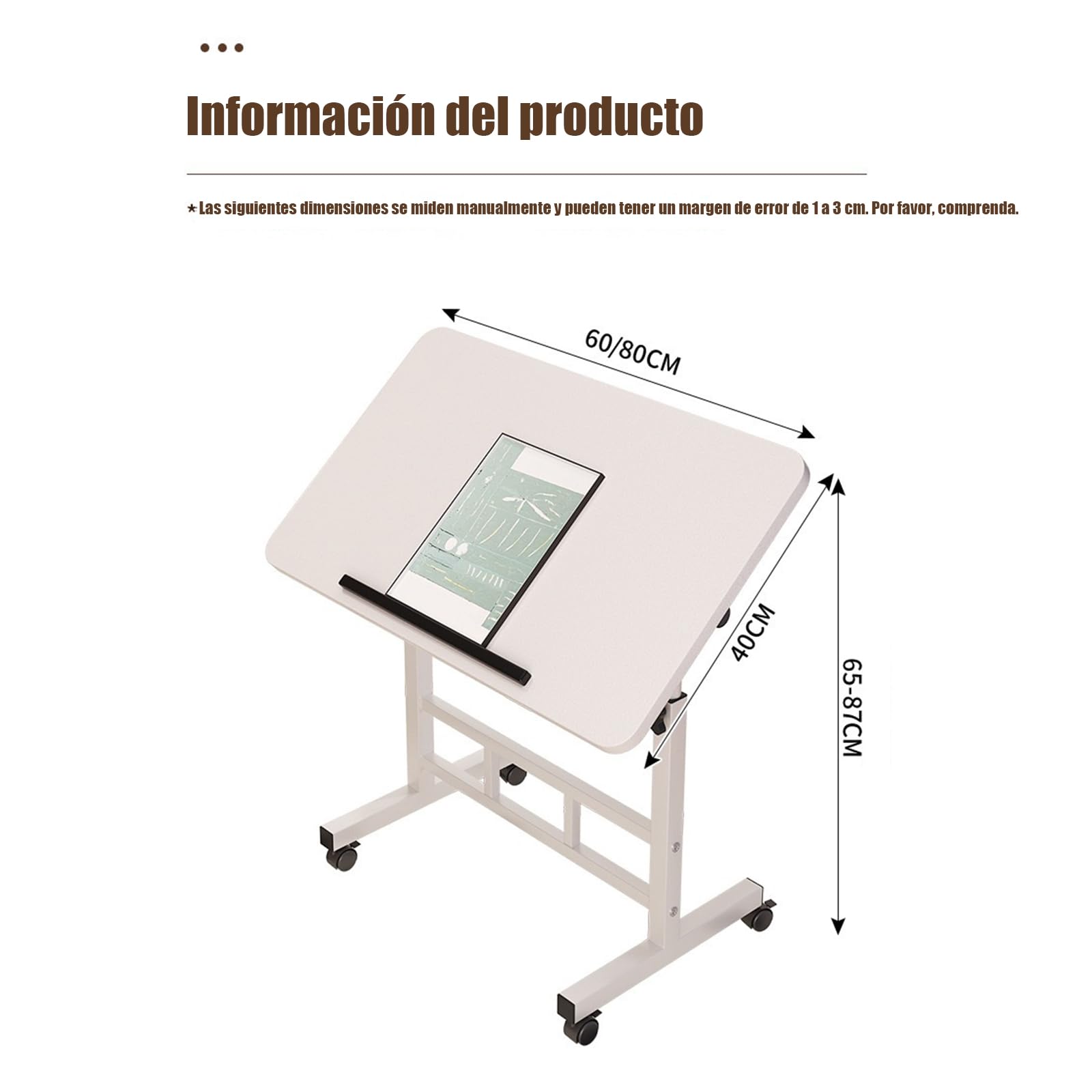 Mesa de Dibujo de Madera, Escritorio de Manualidades Con Altura Ajustable e Inclinada, Escritorio de Ordenador Con Ruedas para Mesa de Pasatiempos, Leer, Cuadro, Trabajo de Arte (Blanco, 80 x 40 cm)
