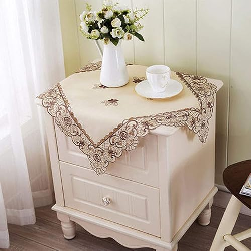 LeLehome - Mantel de encaje bordado con flores cafés, color crema y beige, diseño clásico y tela que no se arruga para mesa de comedor
