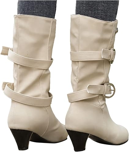 Miniatura 4 de SuanlaTDS Tall Wide Calf Boots for Women Heel Mid Round Boots Heel Cowboy Toe Vintage Velvet Shoes Buckle Women's Plus Women's Boots (Beige, 8)