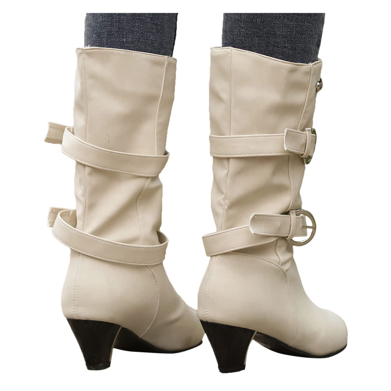 FGUUTYM Stivali da donna invernali da donna, stivaletti corti, semi-lunghi, antiscivolo, termici invernali con tacco in pelle, da donna, beige., 37 EU